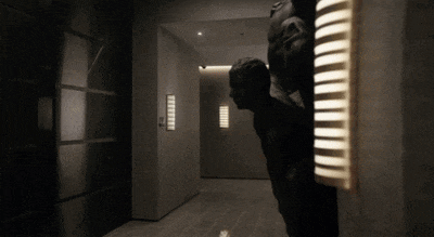 a statue in a dark hallway with a light on the wall