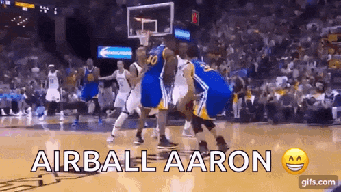 a group of basketball players on a court with the words airball aaron on the bottom .