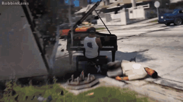 a man playing a piano in a video game with the name robbin rams on the bottom right