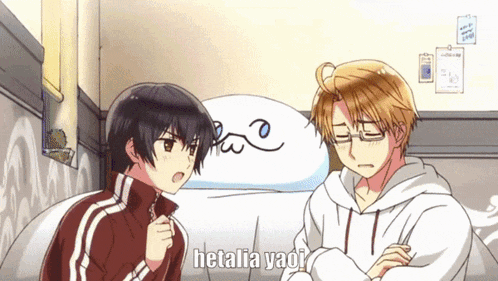 two anime characters are standing next to each other with hetalia yaoi written on the bottom
