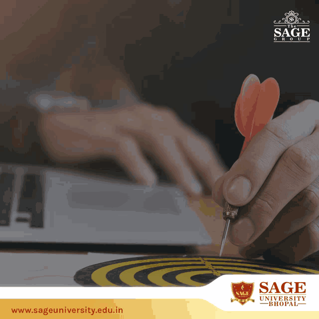 a person is pointing a dart at a target that says sage university bhopal on the bottom