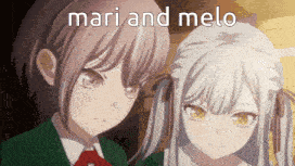 a couple of anime girls standing next to each other with the words mari and melo written above them
