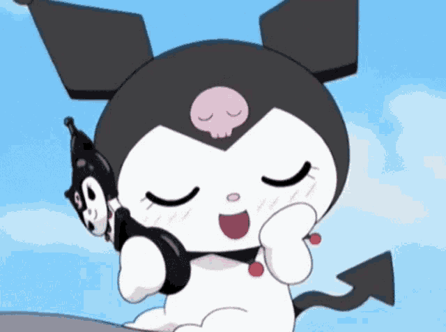 a cartoon character is talking on a cell phone with headphones on .