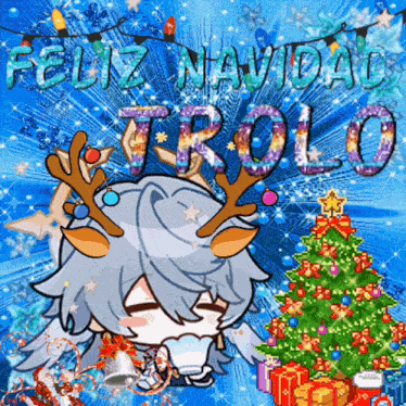 a christmas card that says feliz navidad trolo with a christmas tree in the background