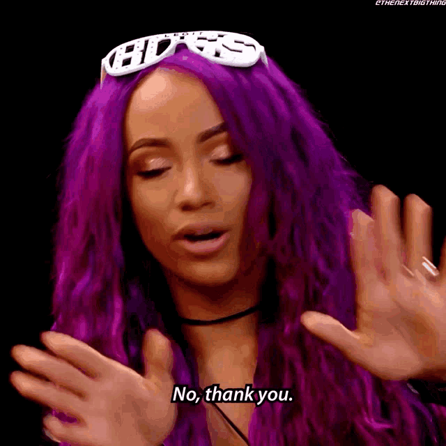 a woman with purple hair and a headband that says hds