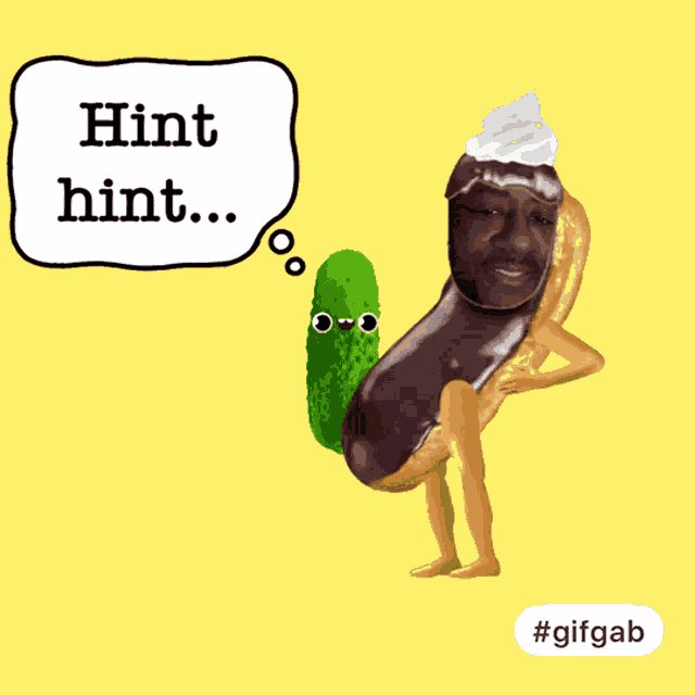 a man in a peanut costume is holding a pickle and a thought bubble says hint hint