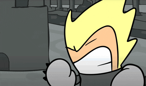 a cartoon character with a yellow head and a white mouth