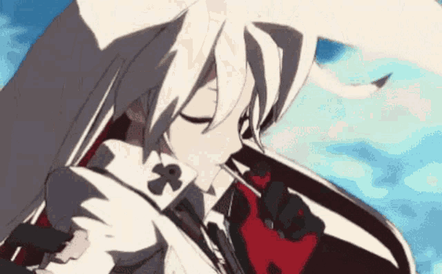 a close up of a anime character with white hair holding a red object