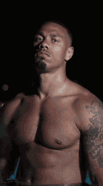 a shirtless man with tattoos on his arms and chest