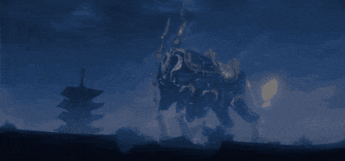 a pixel art drawing of a giant animal with a tower in the background