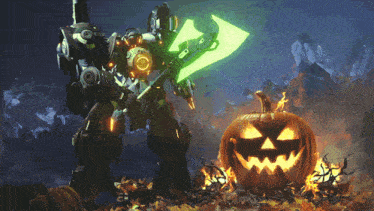 a robot holding a green arrow and a pumpkin with a face on it