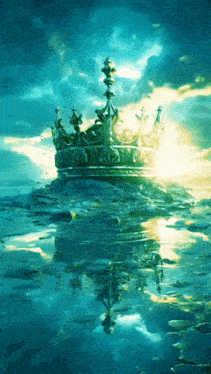 a crown floating in the water with the sun shining through the clouds