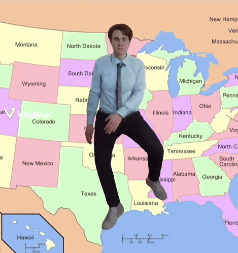 a man is standing on top of a map of the united states of america