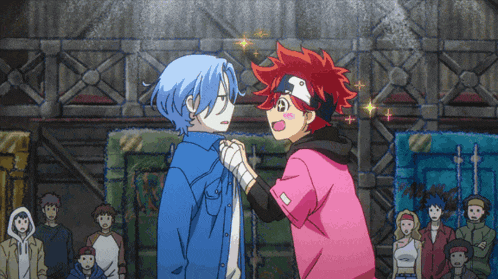 two anime characters are standing next to each other and one has blue hair and the other has red hair