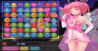 a girl in a pink dress is playing a game with hearts and bells on it
