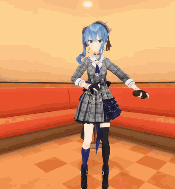 a blue haired anime girl in a plaid dress is standing in front of a red couch