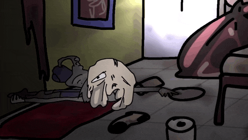 a cartoon drawing of a person laying on the floor with a tear coming out of their eye
