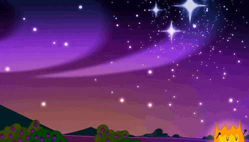 a cartoon of a purple sky with stars and a crown in the foreground