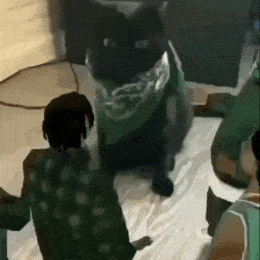 a group of people standing around a black cat wearing a green scarf