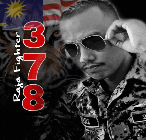 a black and white photo of a man wearing sunglasses and the words raja fighter 873