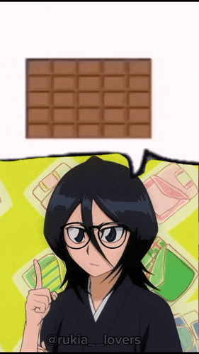 a girl with glasses is pointing at a chocolate bar