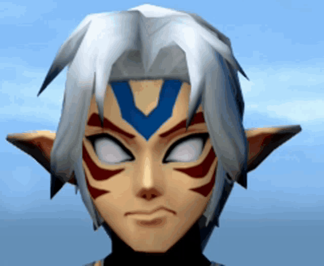 a cartoon character with white hair and a blue v on his forehead