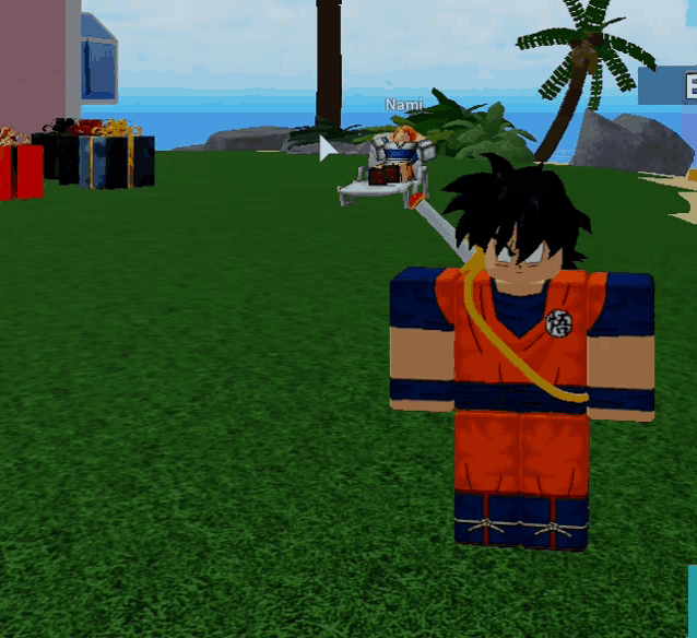 a cartoon character named nami is standing in a grassy area