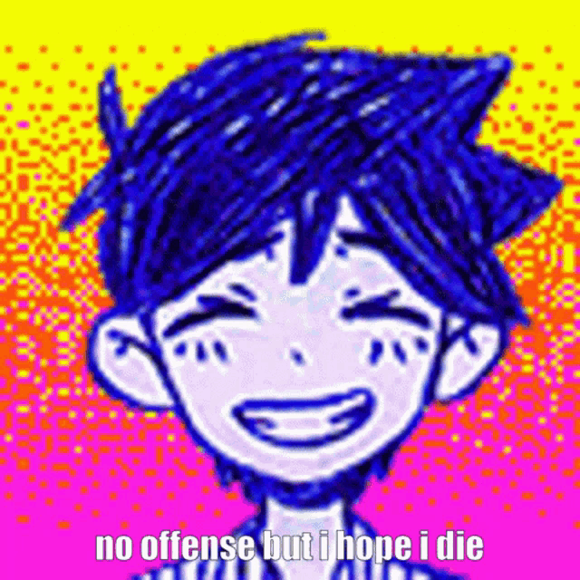 a cartoon of a boy with blue hair is smiling and crying .