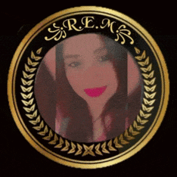a picture of a woman in a gold and black circle with the name rem on it