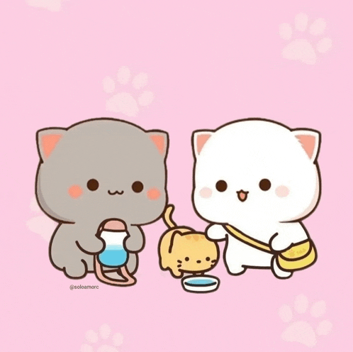 two cartoon cats are standing next to each other on a pink background with paw prints