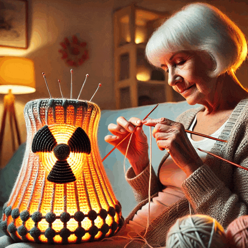 an elderly woman is knitting a lampshade that has a radioactive symbol on it