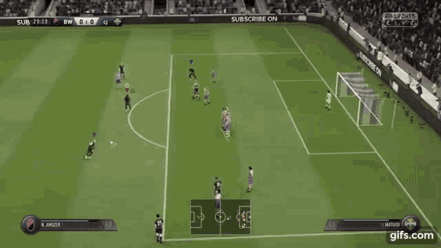 a soccer game is being played on a screen that says subscribe on it