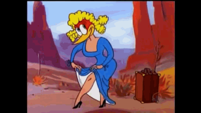 a cartoon character in a blue dress and high heels is standing in the desert