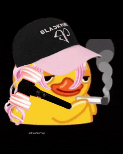 a yellow duck wearing a black hat with the word blackpink on it is smoking a cigarette