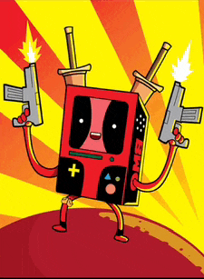 a cartoon character with arms and legs holding two guns and a sword