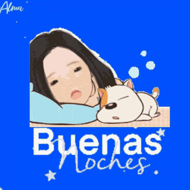 a cartoon of a woman sleeping next to a cat with the words buenas noches below her