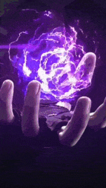 a person is holding a purple object in their hands with a purple lightning bolt coming out of it .
