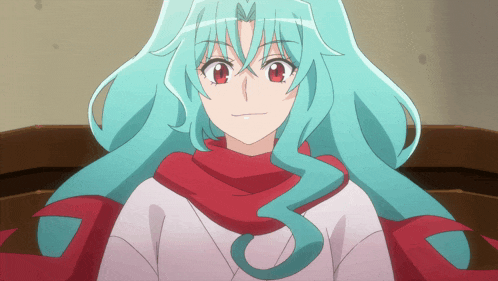 a girl with long blue hair and red eyes is wearing a red scarf around her neck