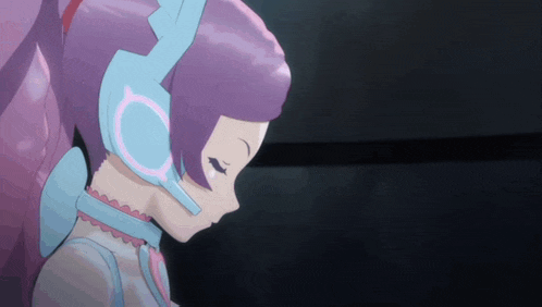 a girl with purple hair and headphones on looks down