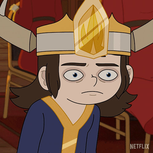 a cartoon character from netflix is wearing a crown and looking sad