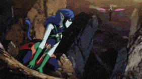 a cartoon character with blue hair and green gloves is sitting on a rock