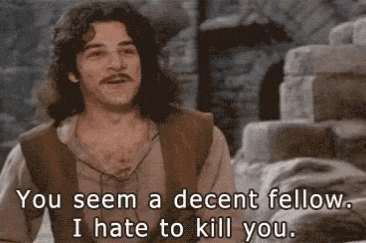 a man with long hair and a mustache is saying you seem a decent fellow i hate to kill you .