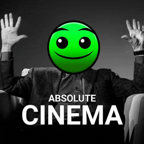 an ad for absolute cinema with a man in a suit and a green face