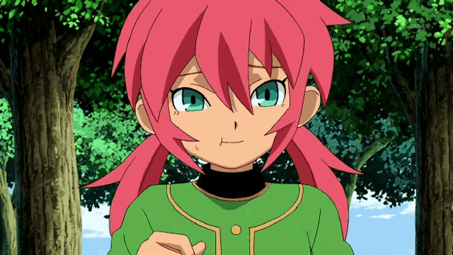 a young girl with pink hair and blue eyes is wearing a green shirt