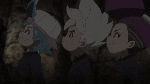 three cartoon characters are standing next to each other in a dark cave