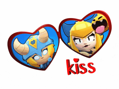 two hearts with cartoon characters inside and the word kiss in red