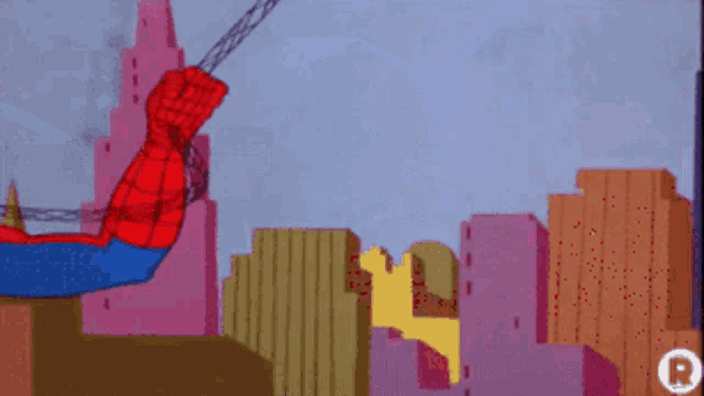 a cartoon of a man in a spiderman costume with the letter r in the corner