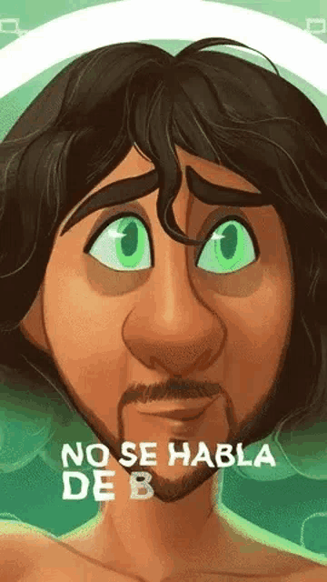 a cartoon of a man with a beard and green eyes is looking at the camera .
