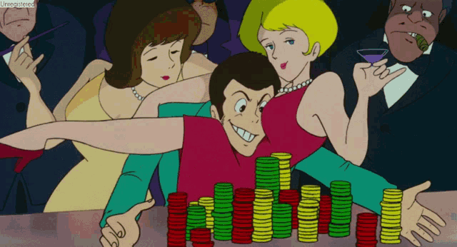 a cartoon of a man and woman surrounded by stacks of coins with the words unregistered at the bottom