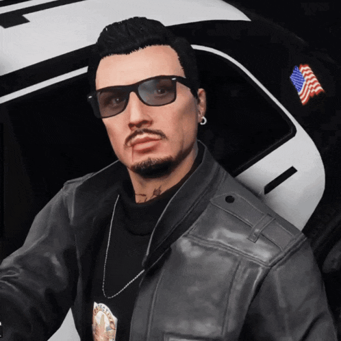 a man wearing sunglasses and a badge that says police